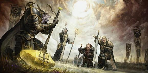 4 characters. Big canvas, but low detalization, detailed clouds, but simple painted army - (450+200*3)=$1050
